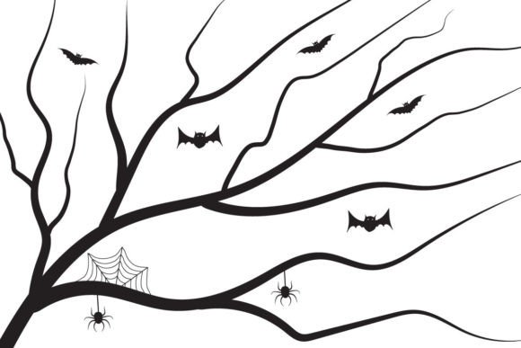Halloween Tree Bat Hanging on Spiders: A Versatile Graphic Design Asset for Creepy Creations