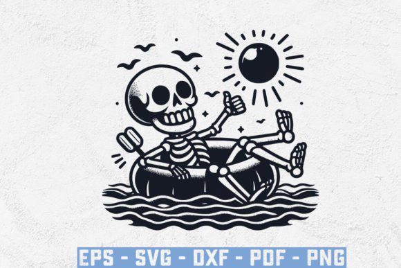 Skeleton in a Pool Floaty, Beach Scene: A Playful Graphic for Local Business Branding